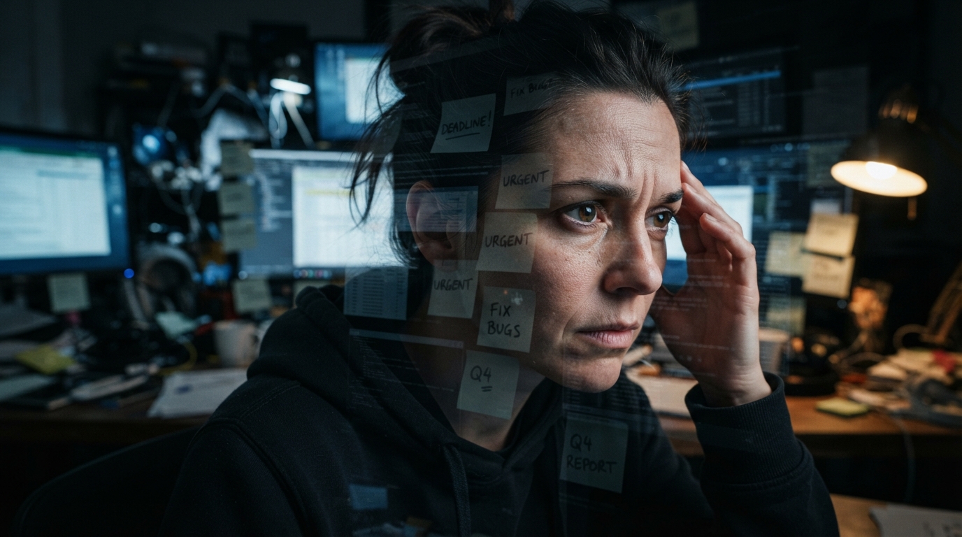 A woman overwhelmed by sticky notes and screens — decision fatigue visual